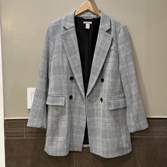 H&M Checked Pattern Double-Breasted Midi-Length Blazer Jacket (Grey/Black/White) - Picture 9 of 16